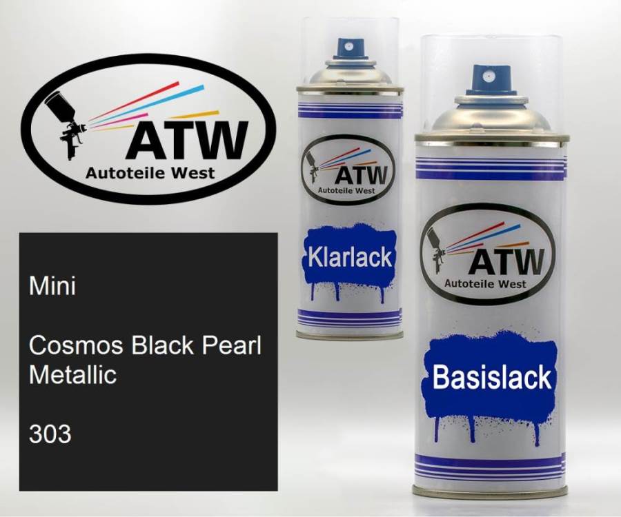 Mini, Cosmos Black Pearl Metallic, 303: 400ml Sprühdose + 400ml Klarlack - Set, von ATW Autoteile West.
